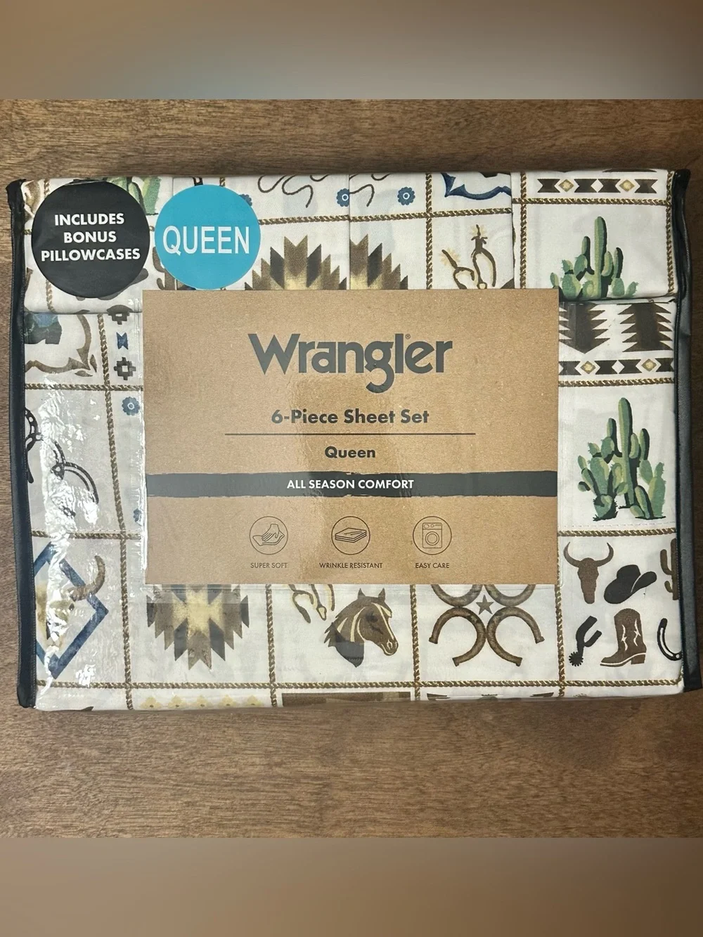 NEW Wrangler White Brown Queen 6pc Sheets Set Western Cowboy Tiles Horses/Aztec